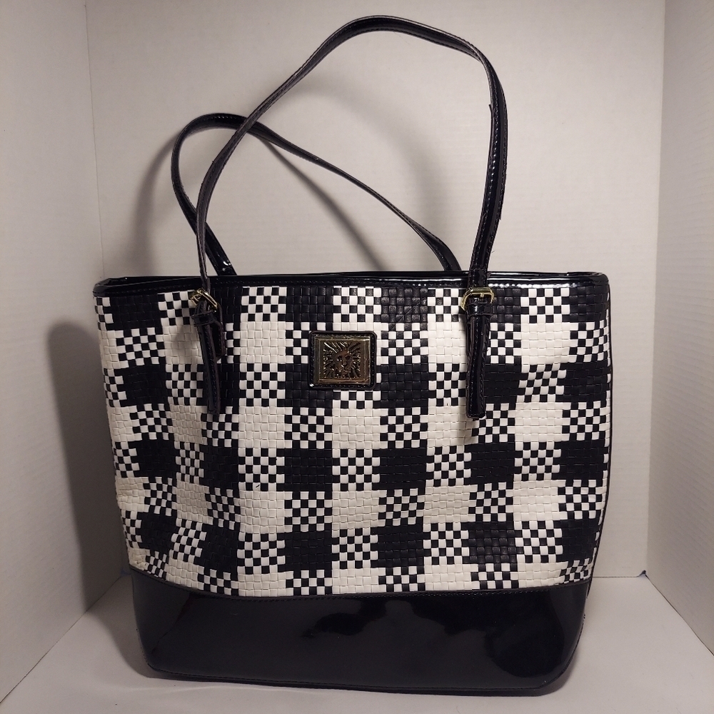 Anne Klein Shoulder Bag Black White Herringbone Textile Patent Leather Purse